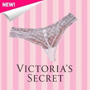 Victoria’s Secret Sheer Lace Thong Panty Light Gray Diamond Mesh Size L